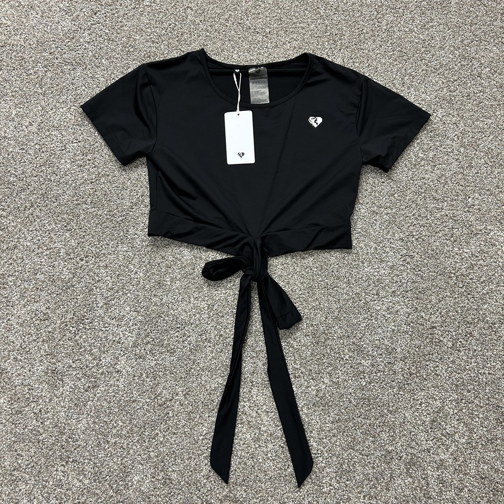 Women's Best Shirt Womens XL Black Cropped Tie Front Short Sleeve Workout Top